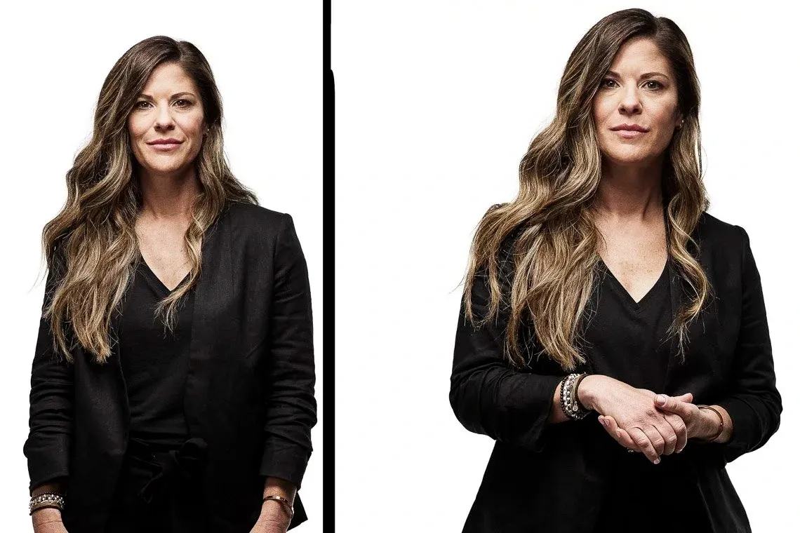 Side-by-side portraits of a woman in a black blazer